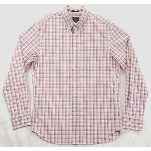 J Crew Shirt Men Medium Red White Check Flex Washed Slim Fit Stretch Button-Down